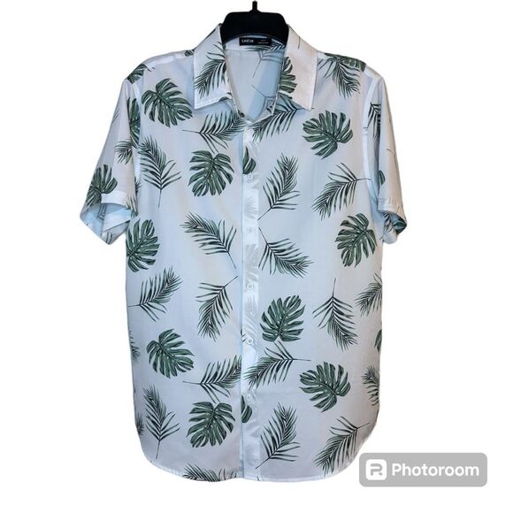 SHEIN Men’s White Palm Leaf Button Down Shirt Size Medium - Picture 1 of 6